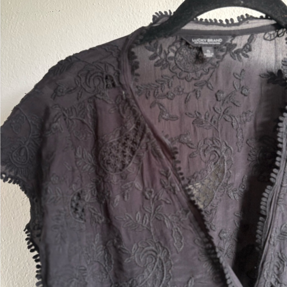 Lucky Brand Black Embroidered V-Neck Blouse